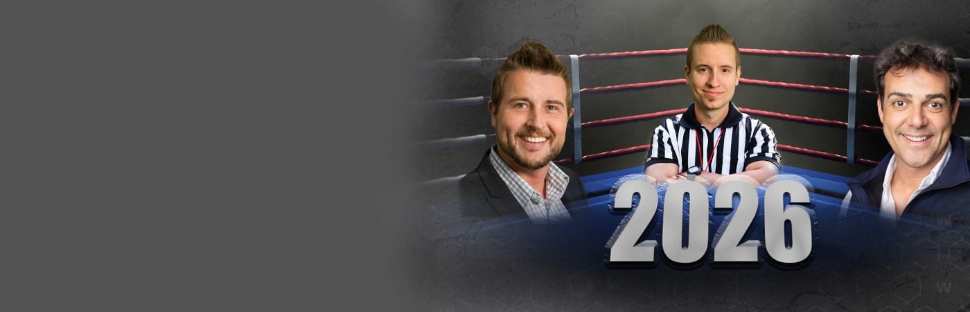 Corey, Mark and Adam in a boxing ring with 2026 written in front