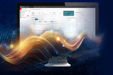 Computer monitor with a shining gold wave of lights in front of the screen