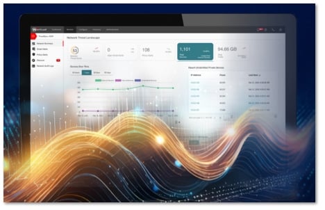 WatchGuard Cloud dashboard with a wave of golden lights in front of it
