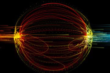 Large eyeball shape made of red coiled lights with orange and blue lines going off of either side