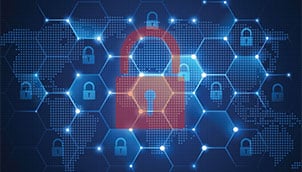 Verrou rouge sur un fond bleu en nid d’abeille avec des verrous blancs dans certaines cellules