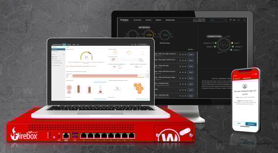 WatchGuard Fireboxes and wireless access points with WatchGuard Cloud screens showing on a phone and a laptop