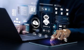 Business professional using laptop and tablet with holographic AI interface showing AI agents, cloud, and cybersecurity tools for global digital defense.