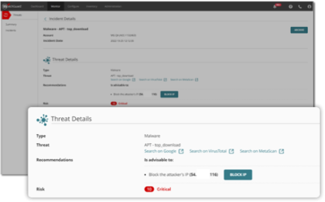 WatchGuard Cloud Screen showing ThreatSync Threat Details popup