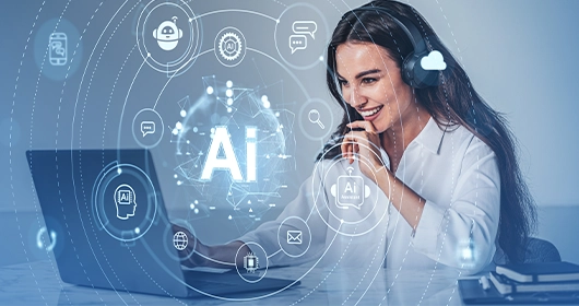 Woman in headphones looking at a laptop with icons floating around it